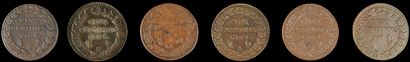 null DIRECTOIRE (1795-1799).
Lot de six pièces de 5 centimes de Dupré :
an 5 A et...