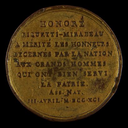 null LOUIS XVI (1774-1793).
Essai de Galle signé, en bronze doré, au buste
de Mirabeau...