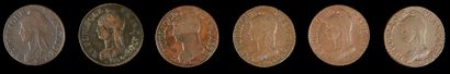 null DIRECTOIRE (1795-1799).
Lot de six pièces de 5 centimes de Dupré :
an 5 A et...