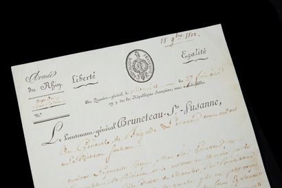null BRUNETEAU SAINTE SUZANNE.
Lettre datée du 27 frimaire an 9 (18 novembre
1800)...