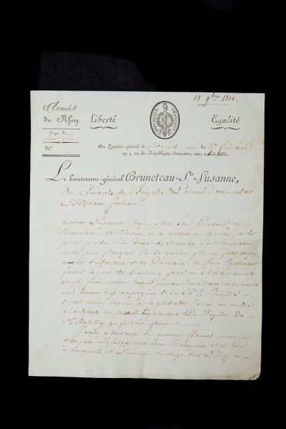 null BRUNETEAU SAINTE SUZANNE.
Lettre datée du 27 frimaire an 9 (18 novembre
1800)...