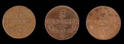 null DIRECTOIRE (1795-1799).
Lot de trois pièces de 5 centimes de Dupré,
petit module,...