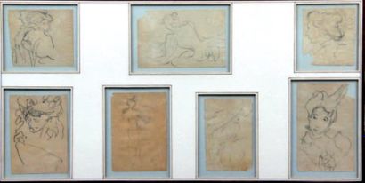 Louis VALTAT (1869-1952) Têtes de femmes et silhouettes Sept esquisses au crayon...