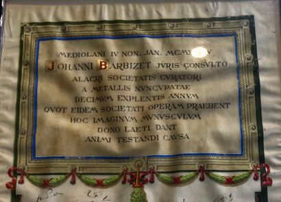 null Tableau honorifique dédicacé à Johanni BARBIZET par la Ville de MILAN, en Italie,...