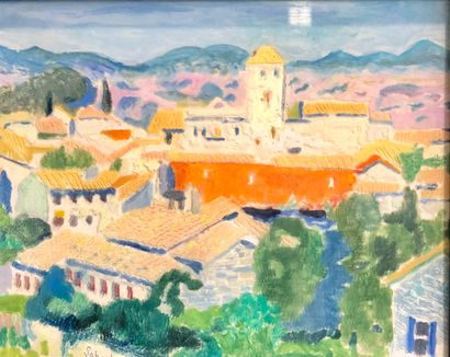 null LABOULAY (?) 
Village de provence ou Le toit rouge, 1957 
Peinture sous verre,...