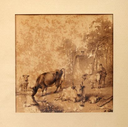 null Eugène VERBOECKHOVEN (1798/99-1881)
Vaches et âne
Lavis d'encre et rehauts,...