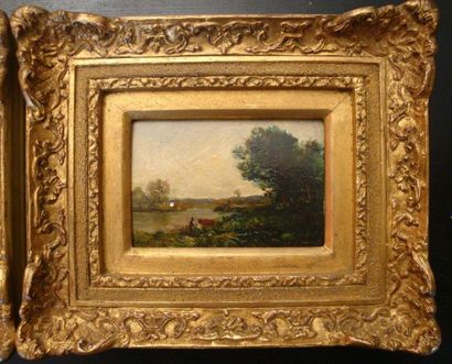 Attribué à Karl DAUBIGNY (1846-1886) Paysages Paires d'huiles sur panneau. 6 x 8...