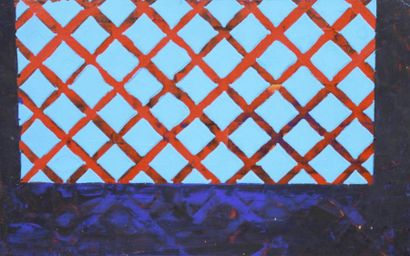 Pascal MAHOU Lucarne bleue Acrylique sur toile 2000, Signée au dos 22 x 35 cm