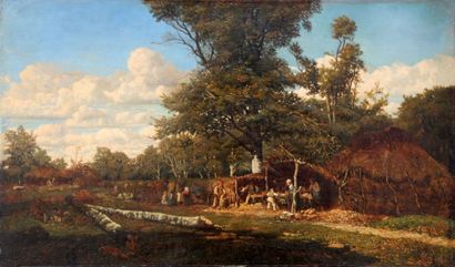 Camille FLERS (1802 - 1868) Le bûcheron et sa famille à l'orée de la forêt, 1860,...