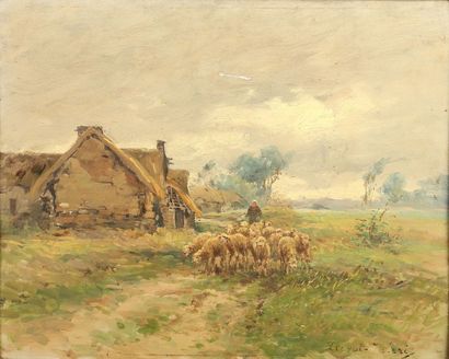 André PREVOST-VALERI (1890 - 1959) Les moutons, retour d'alpage. Huile sur panneau,...