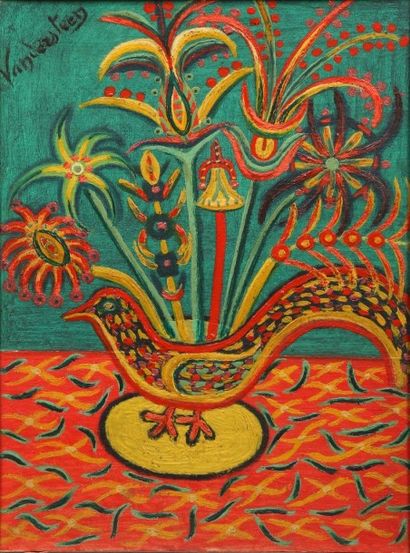 Germain VAN DER STEEN (1897-1985) Bouquet de fleurs dans un vase à l'oiseau, huile...