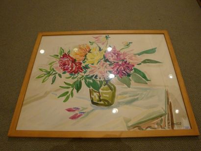 Henri GUILLOT Chrysanthèmes, Aquarelle, tampon de signature en bas à droite, 50 x...