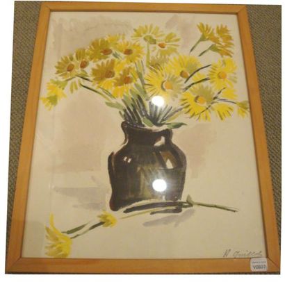 Henri GUILLOT Bouquet de fleurs des champs jaunes, Aquarelle, tampon de signature...