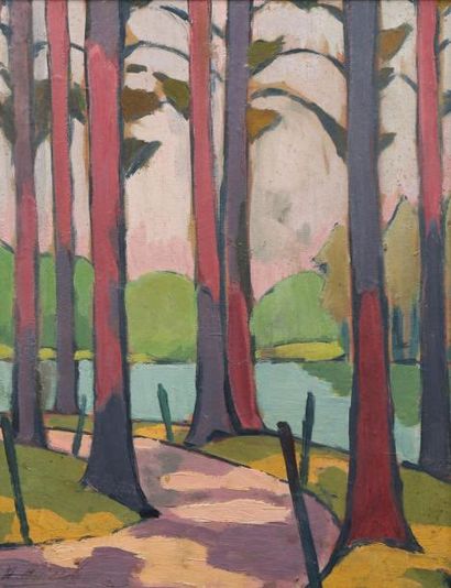 Henri GUILLOT Le lac du bois de Boulogne, Huile sur carton, traces de tampon de signature...
