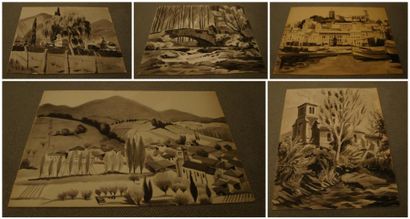Henri GUILLOT Lot de 5 dessins au lavis d'encre sur papier:Cimetière, 25,5 x 34,5...