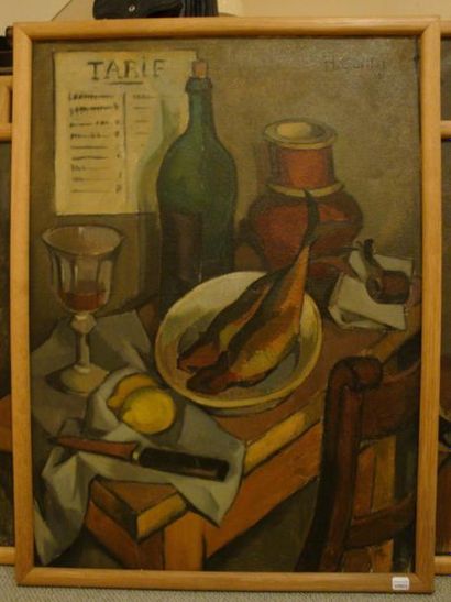 Henri GUILLOT Nature morte aux poissons et à la pipe,, Huile sur toile, signée en...