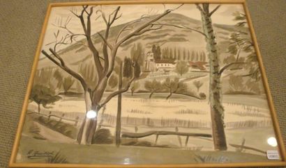 Henri GUILLOT Paysage de campagne, Lavis et aquarelle, Tampon de signature en bas...