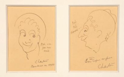 Charles TRENET (1913 - 2001) Autoportraits, Deux dessins à l'encre, l'un annoté "Moi...