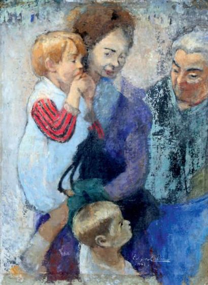 Edgar CHAHINE (1874 - 1947) Trois générations: femmes et enfants Huile sur carton,...