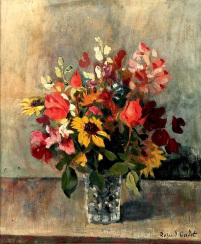 Roland OUDOT (1897-1981) Bouquet de fleurs des champs sur un entablement Huile sur...