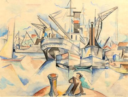 André LHOTE (1885-1962) Le port de Bordeaux, vers 1914 Aquarelle et crayon sur papier,...