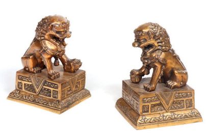 Couple de chiens de Fô en bronze doré, assis...