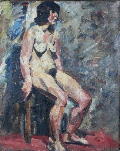 ATELIER VANBER(1905-1994) Nu assis Huile sur toile, signée du cachet en bas à droite....
