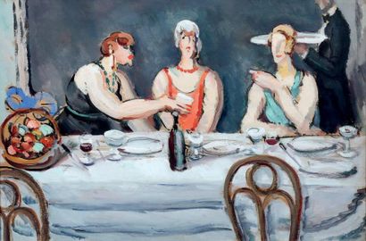 ATELIER VANBER(1905-1994) Un diner durant les années folles Aquarelle et gouache,...