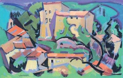 ATELIER VANBER(1905-1994) Le village d'Eurre Gouache, signée en bas à gauche. 32...