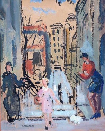 ATELIER VANBER(1905-1994) La rue des filles à Montmartre, circa 1935 Gouache, signée...