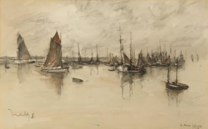 Fernand HERBO (1905-1995) Le port du Havre, septembre 1921 Fusain aquarellé sur papier...