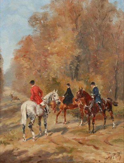 Karl Baron REILLE (1886-1974) Trois cavaliers regardant un cerf traversant une allée...