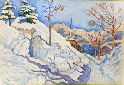 Henri de SAINT-DELIS (1878-1949) Leysin (Suisse) sous la neige - Le clocher de l'Eglise...