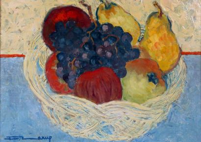 Fernand LARUE (1916-1999) Corbeille de fruits: poires, pommes, raisins Huile sur...