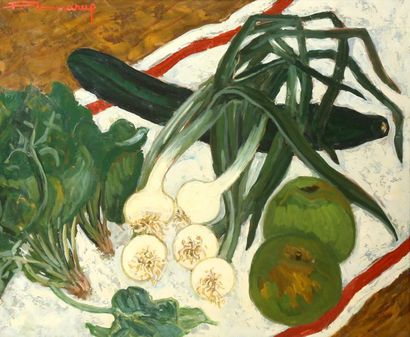 Fernand LARUE (1916-1999) Légumes et pommes Huile sur isorel Signée en haut à gauche...