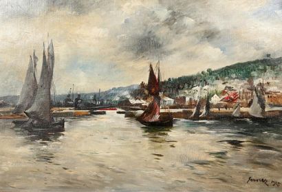 Paul-Elie GERNEZ (1888-1948) Sortie du port de Honfleur Huile sur toile Signée en...