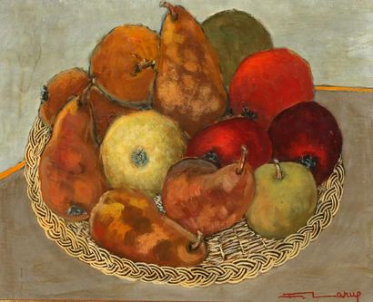 Fernand LARUE (1916-1999) Panetière de fruits Huile sur isorel Signée en bas à droite...