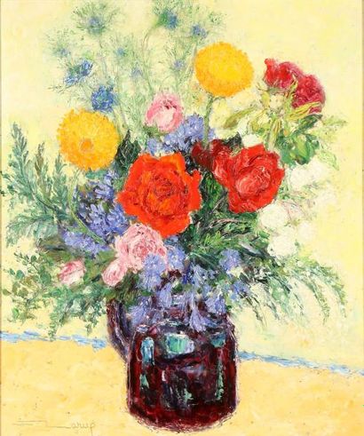 Fernand LARUE (1916-1999) Bouquet Huile sur isorel Signée en bas à gauche. Titrée...