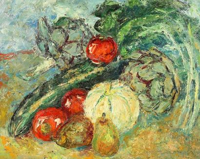 Fernand LARUE (1916-1999) Légumes au melon Huile sur isorel Signée en bas à droite....