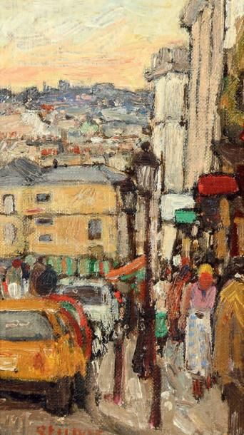 Marko STUPAR (né en 1936) Rue de Montmartre animée Huile sur isorel. Signée en bas...