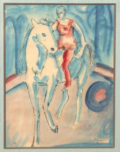 CELSO LAGAR (1891-1966) Cavalière sur la piste d'un cirque Aquarelle sur papier Signée...