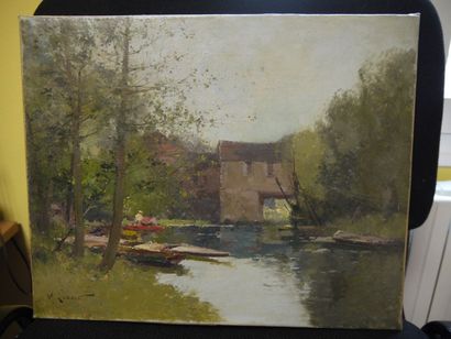 Marcel LENOIR (Attribué à) Paysage aux barques Huile sur toile signée en bas à gauche...