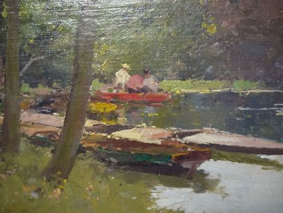 Marcel LENOIR (Attribué à) Paysage aux barques Huile sur toile signée en bas à gauche...