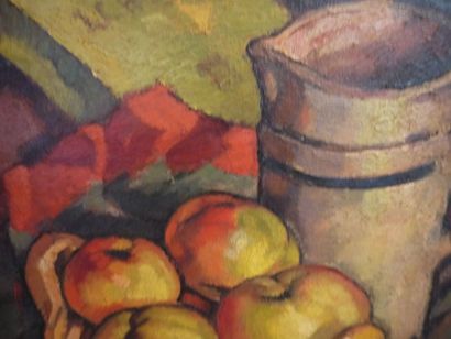 Harry BLOOMFIELD (1883-1941) Nature morte aux pommes et au pichet Huile sur toile,...