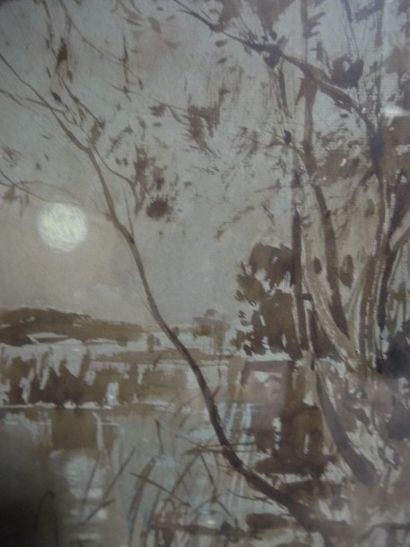 Paul-Emile LECOMTE Paysage à la pleine lune Aquarelle sur papier, signé en bas à...
