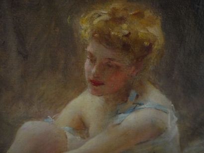 LéonFrançois COMERRE (1850 1916) Jeune femme enfilant ses bas Huile sur toile, signée...