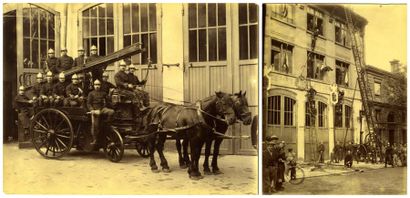 null Pompiers de Paris. Deux photographies, vers 1900. Tirages argentiques d'époque,...