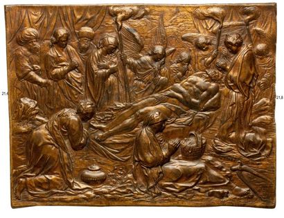 null LA LAMENTATION. Grande et belle plaque uniface en bronze doré (21,5 x 28,3cm),...