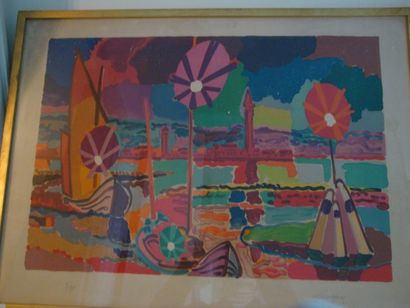 Charles LAPICQUE (1898-1988) Le port, lithographie signée en bas à droite et numérotée...
