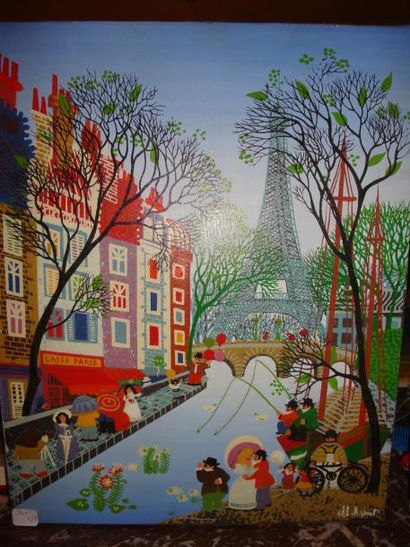 ARBUT La Seine, peinture naïve, 41 x 33 cm